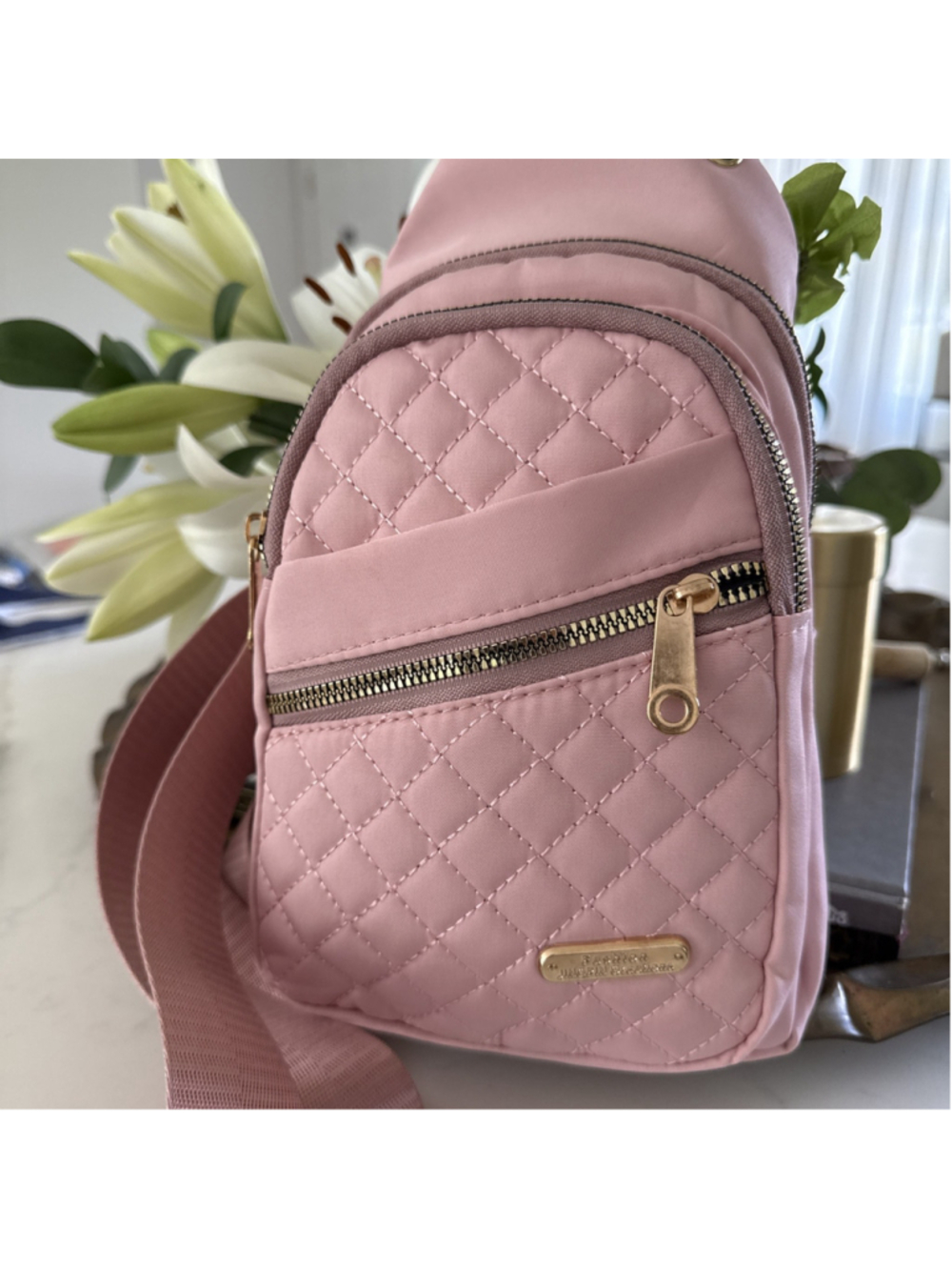 Jingpin Creations Pink Quilted Sling Crossbody Bag Triple Zip